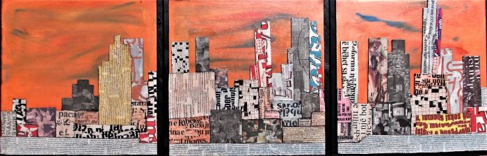 SKYLINE IN TRE  trittico    tecnica mista su compensato 