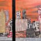 SKYLINE IN TRE  trittico    tecnica mista su compensato 