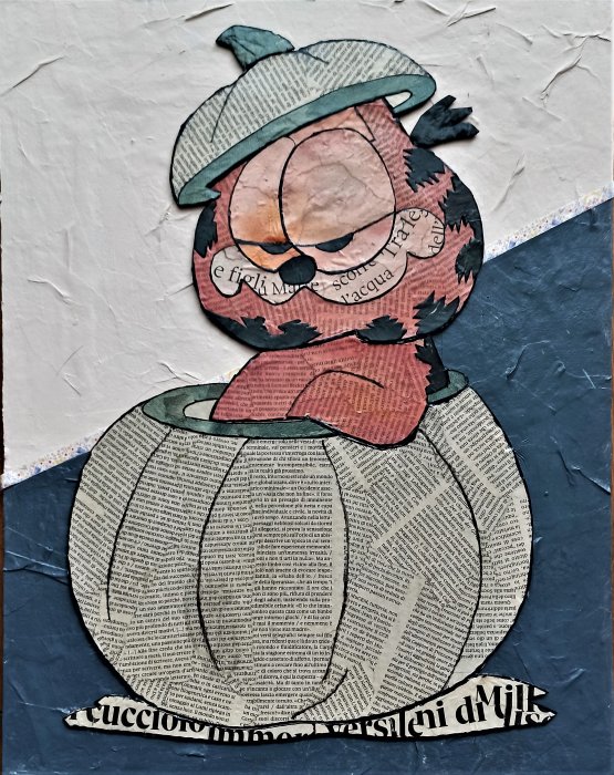 GARFIELD NELLA ZUCCA  tecnica mista su cartone e mdf  36 x 45 cm 