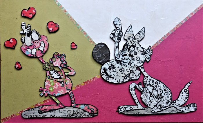 MARTA E LUPO ALBERTO  tecnica mista su cartone    50 X 28 cm