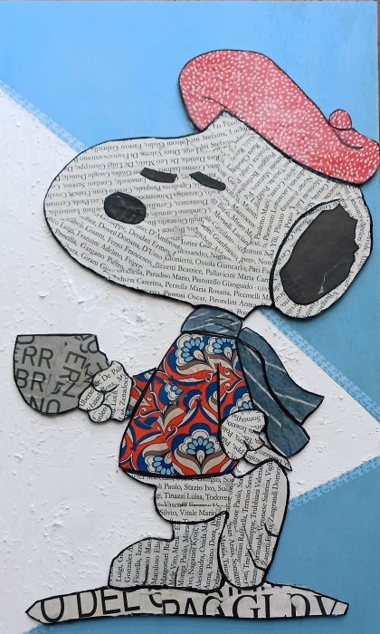 SNOOPY ARTISTA  IN PAUSA CAFFE'   tecnica mista su cartone   30 x 50 cm 