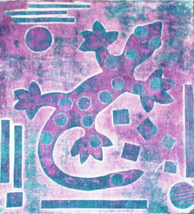 UN GECO collograph  stampato su tela