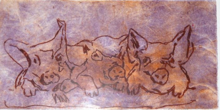 I tre porcellini   cera molle       lastra di zinco stampata  su  carta  murillo    35 x 25 cm  anno 2011 